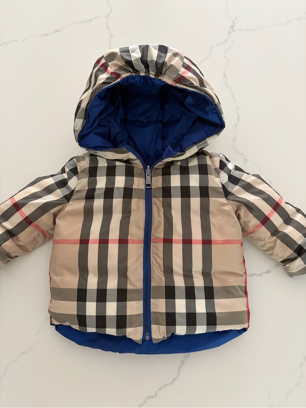 Burberry 9-12 mo Classic Baby Down Puffer Beige & black/blue Reversible Like New